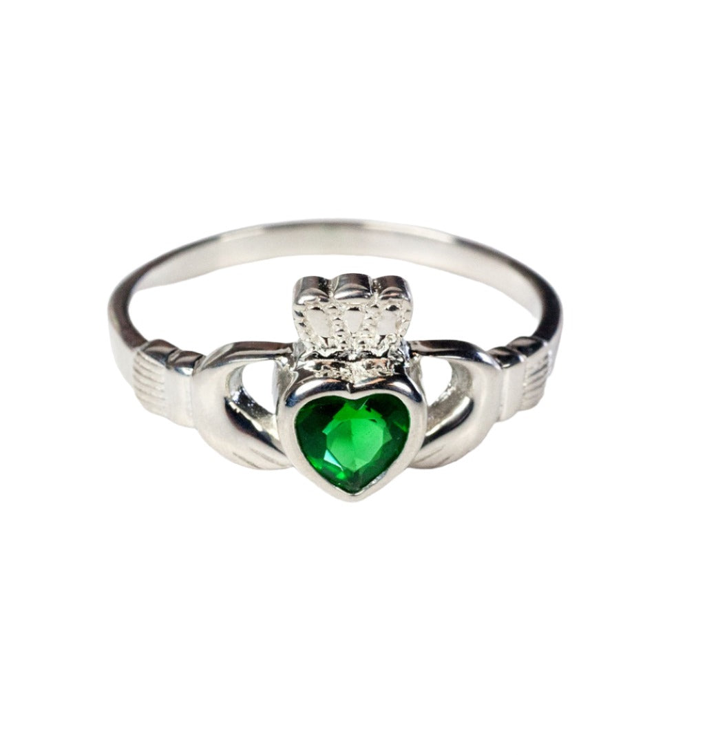 Bliss Irish Claddagh w/Emerald Glass Stone Sterling Silver Ring,