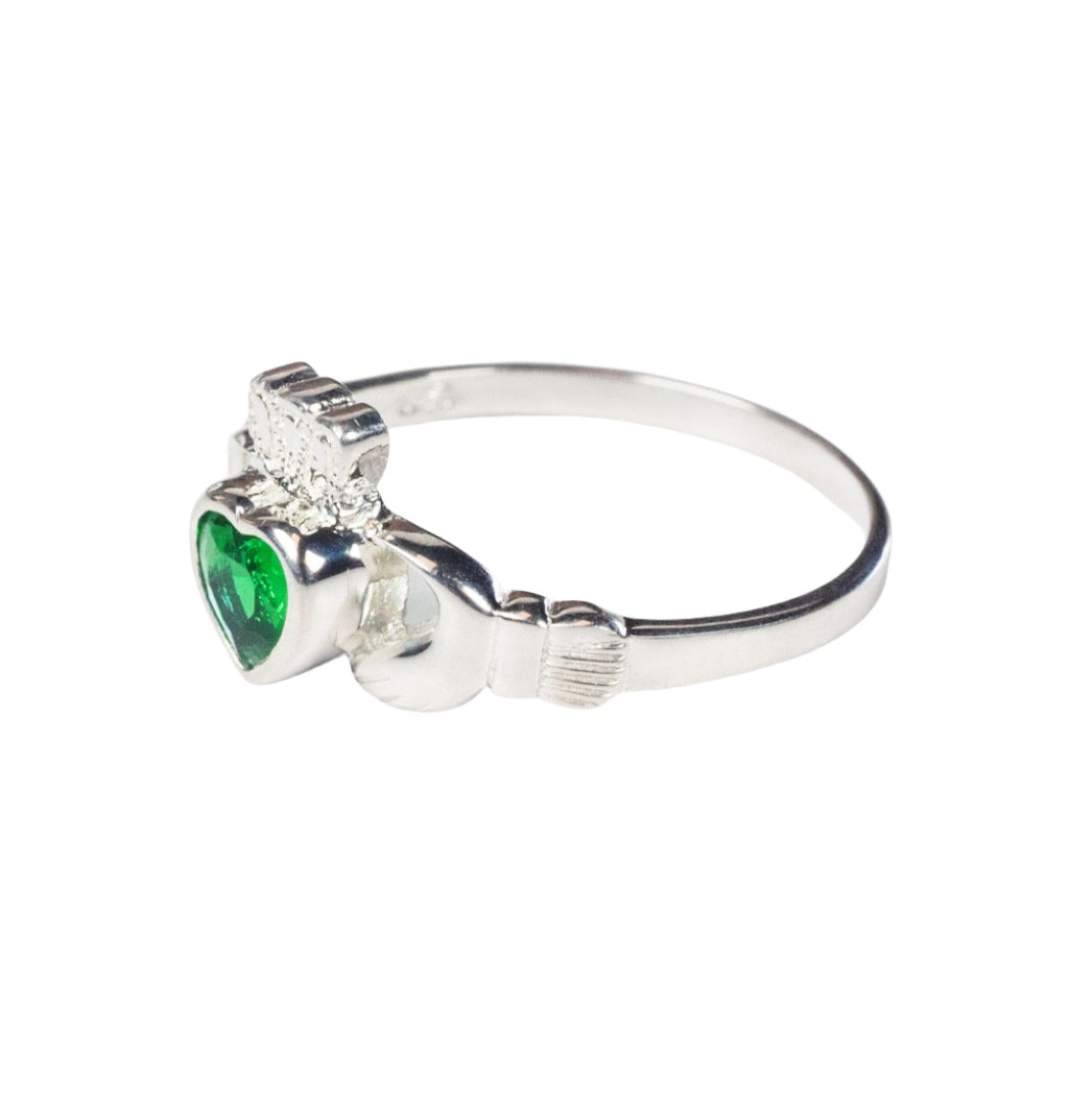 Irish Claddagh w/Emerald Glass Stone Sterling Silver Ring,