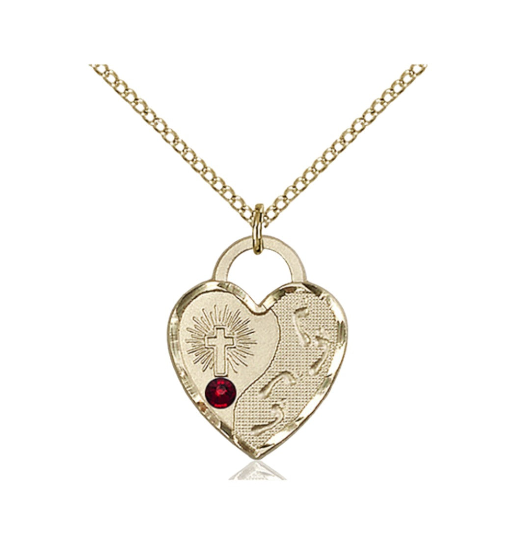 Garnet Birthstone Gold-filled Footprints Heart Pendant w/Austrian Crystal