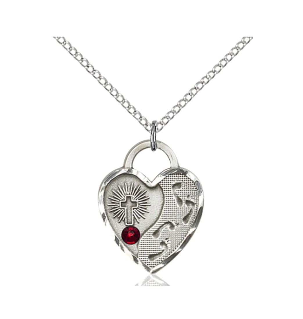 Jan Garnet Birthstone Sterling Silver Footprints Heart Pendant w/Austrian Crystal