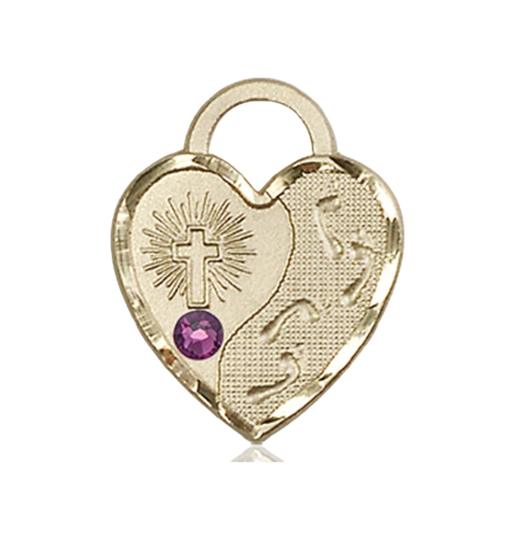 Amethyst Birthstone 14kt Gold Footprints Heart Pendant w/Austrian Crystal