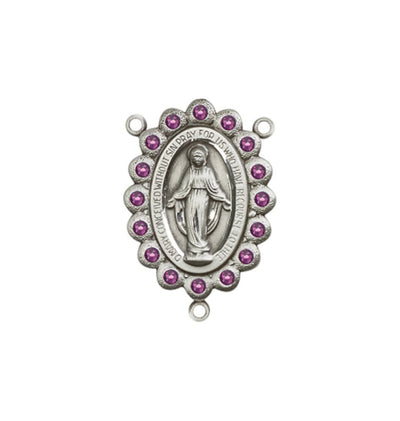 silver-plated Miraculous Medal centerpiece with birthstone crystal in amethyst, 7/8 x 1/2 inch, Bliss Manufacturing