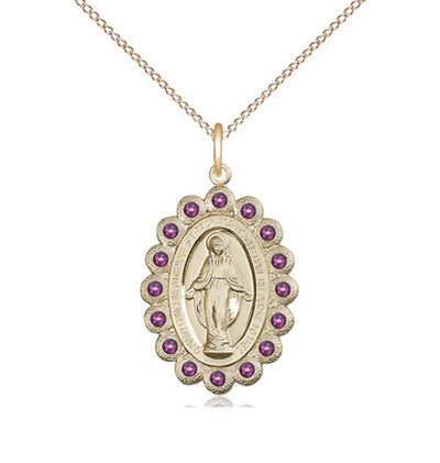 Birthstone 14kt Gold Miraculous Pendant W/Amethyst Crystals With Chain, Bliss Manufacturing