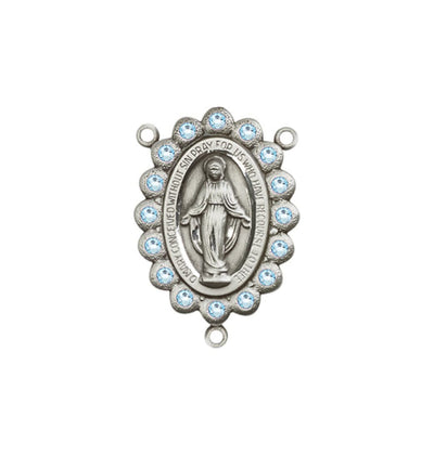 silver-plated Miraculous Medal centerpiece with birthstone crystal in aqua, 7/8 x 1/2 inch, Bliss Manufacturing