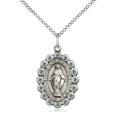 Birthstone Sterling Silver Miraculous Pendant W/Aqua Crystals, Bliss Manufacturing