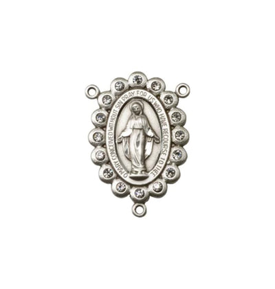 silver-plated Miraculous Medal centerpiece with birthstone crystal in clear, 7/8 x 1/2 inch, Bliss Manufacturing