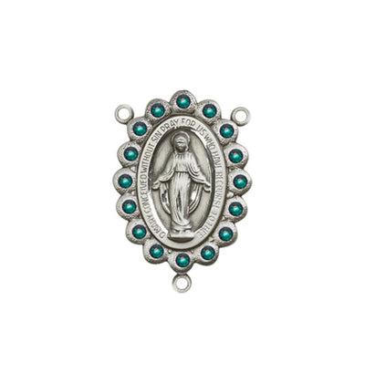 silver-plated Miraculous Medal centerpiece with birthstone crystal in emerald, 7/8 x 1/2 inch, Bliss Manufacturing