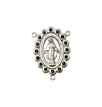 silver-plated Miraculous Medal centerpiece with birthstone crystal in jet, 7/8 x 1/2 inch, Part, Bliss Manufacturing
