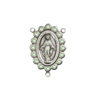 silver-plated Miraculous Medal centerpiece with birthstone crystal in peridot, 7/8 x 1/2 inch, Bliss Manufacturing
