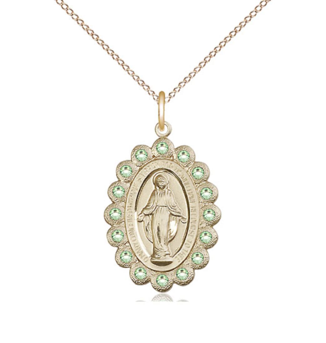 Bliss Birthstone 14kt Gold Miraculous Pendant w/Peridot Crystals with Chain,