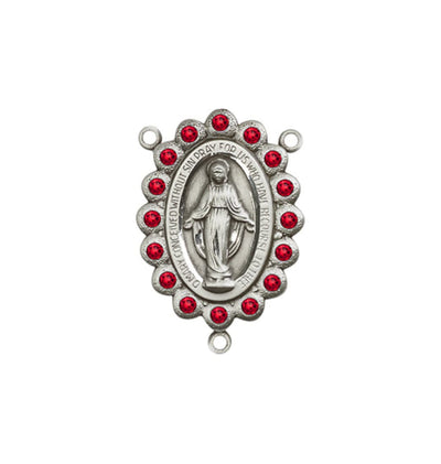 silver-plated Miraculous Medal centerpiece with birthstone crystal in ruby, 7/8 x 1/2 inch, Bliss Manufacturing