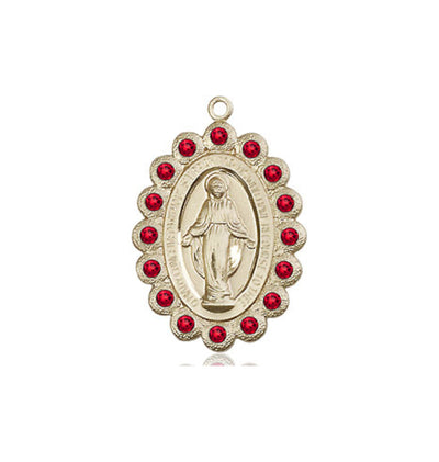 Birthstone 14kt Gold Miraculous Pendant W/Ruby Crystals, Bliss Manufacturing