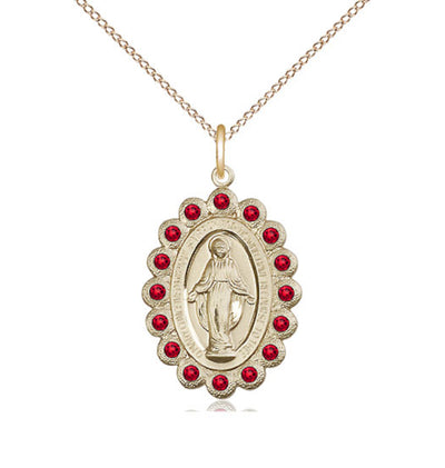Birthstone 14kt Gold Miraculous Pendant W/Ruby Crystals With Chain, Bliss Manufacturing