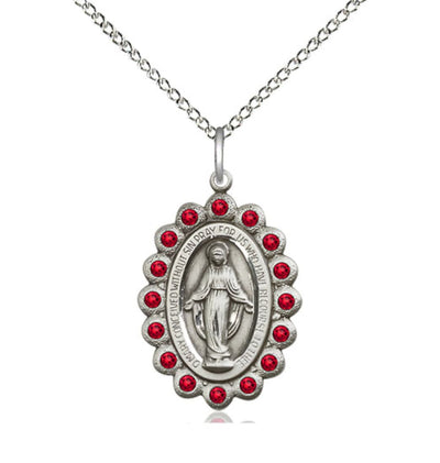 Birthstone Sterling Silver Miraculous Pendant W/Ruby Crystals, Bliss Manufacturing