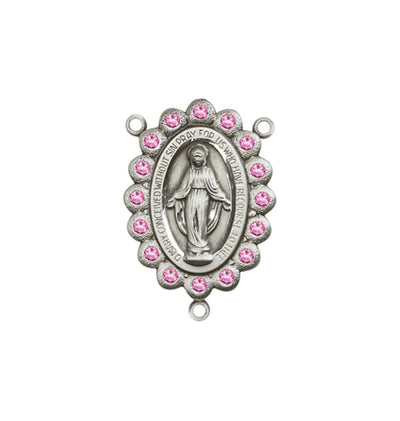 silver-plated Miraculous Medal centerpiece with birthstone crystal in rose, 7/8 x 1/2 inch, Bliss Manufacturing