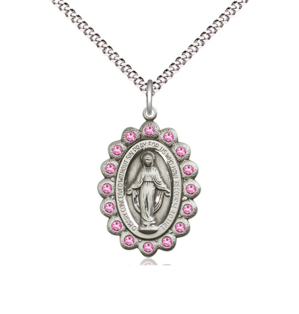 Bliss Birthstone Pewter Miraculous Pendant w/Rose Crystals,