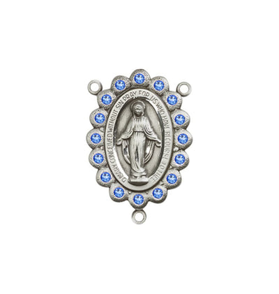 silver-plated Miraculous Medal centerpiece with birthstone crystal in sapphire, 7/8 x 1/2 inch, Bliss Manufacturing