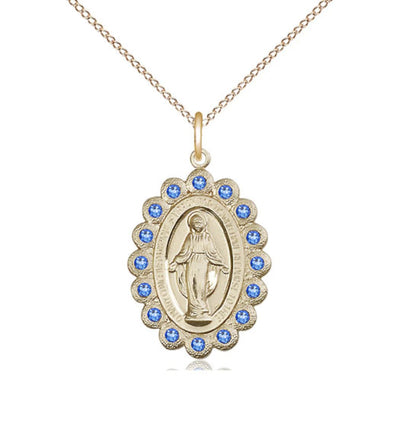 Birthstone 14kt Gold Miraculous Pendant W/Sapphire Crystals With Chain, Bliss Manufacturing