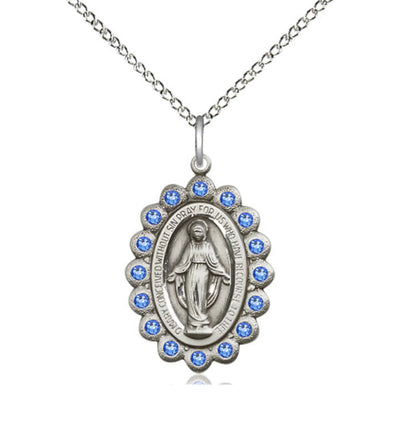 Birthstone Sterling Silver Miraculous Pendant W/Saphire Crystals in Sapphire, Bliss Manufacturing