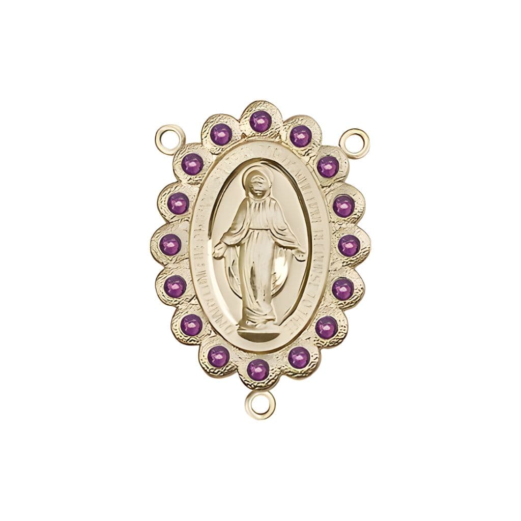Gold-plated Miraculous Medal centerpiece with a birthstone  faceted Austrian crystals, measures 7/8" tall x 1/2" wide, amethyst birthstone for February.