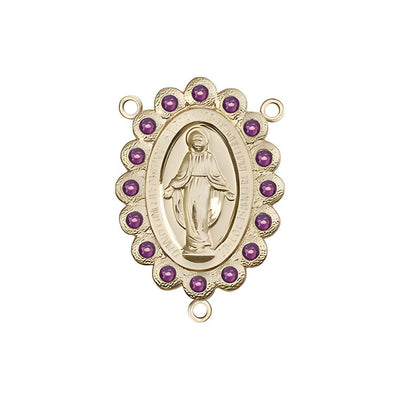 Gold-plated Miraculous Medal centerpiece with a birthstone faceted Austrian crystals, measures 7/8" tall x 1/2" wide, amethyst birthstone for February, Bliss Manufacturing