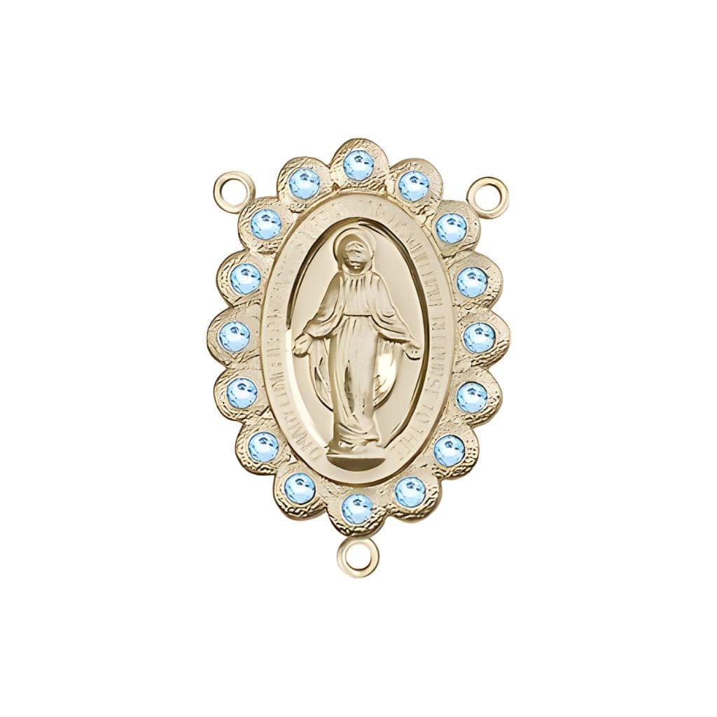 14kt Gold-filled Miraculous Medal centerpiece with a birthstone  faceted Austrian crystals, measures 7/8" tall x 1/2" wide, Aqua birthstone for March.