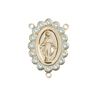 14kt Gold-filled Miraculous Medal centerpiece with a birthstone faceted Austrian crystals, measures 7/8" tall x 1/2" wide, Aqua birthstone for March, Bliss Manufacturing
