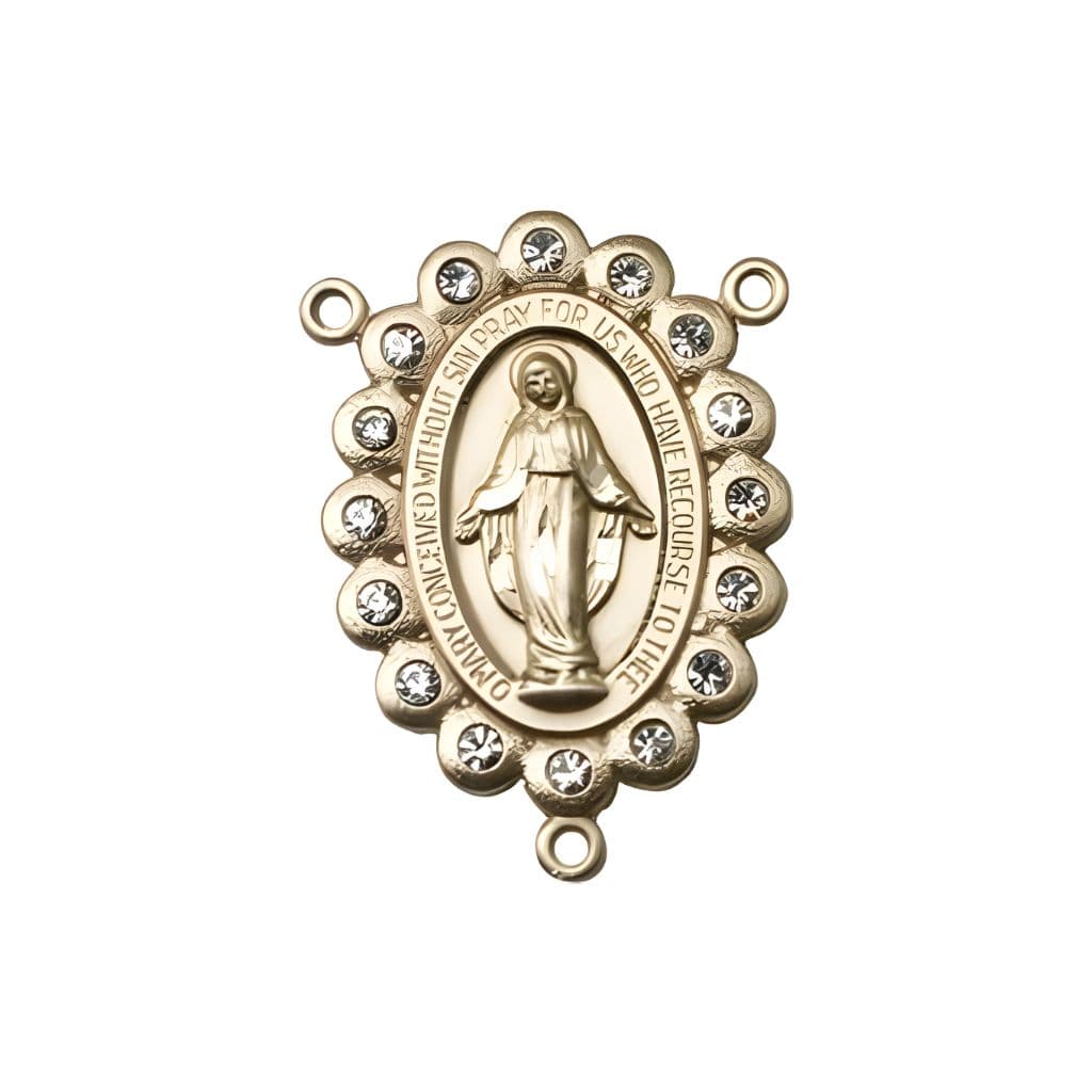 Gold-plated Miraculous Medal centerpiece with a birthstone  faceted Austrian crystals, measures 7/8" tall x 1/2" wide, clear birthstone for April.