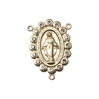 Gold-plated Miraculous Medal centerpiece with a birthstone faceted Austrian crystals, measures 7/8" tall x 1/2" wide, clear birthstone for April, Bliss Manufacturing