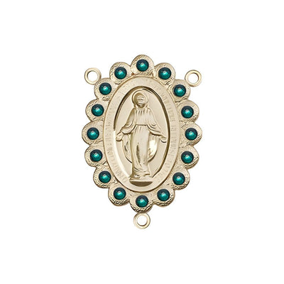 Gold-plated Miraculous Medal centerpiece with a birthstone faceted Austrian crystals, measures 7/8" tall x 1/2" wide, emerald birthstone for May, Bliss Manufacturing
