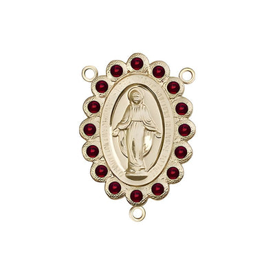 Gold-plated Miraculous Medal centerpiece with a birthstone faceted Austrian crystals, measures 7/8" tall x 1/2" wide, garnet birthstone for January, Bliss Manufacturing