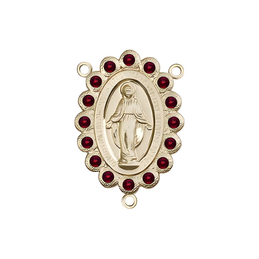 14kt Gold Miraculous Medal centerpiece with a birthstone  faceted Austrian crystals, measures 7/8" tall x 1/2" wide, garnet birthstone for January.