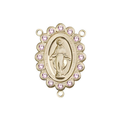 Gold-plated Miraculous Medal centerpiece with a birthstone faceted Austrian crystals, measures 7/8" tall x 1/2" wide, light amethyst birthstone for June, Bliss Manufacturing