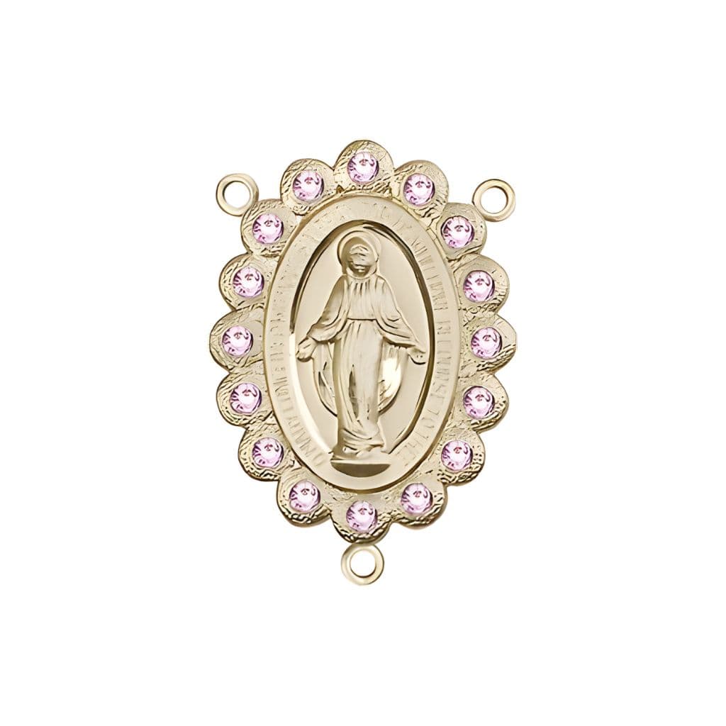 14kt Gold-filled Miraculous Medal centerpiece with a birthstone  faceted Austrian crystals, measures 7/8" tall x 1/2" wide, light amethyst birthstone for June.