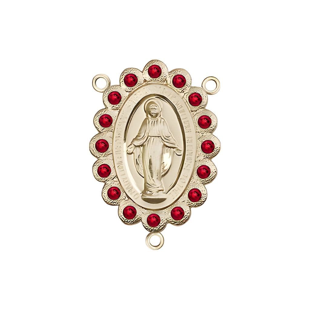 Gold-plated Miraculous Medal centerpiece with a birthstone  faceted Austrian crystals, measures 7/8" tall x 1/2" wide, ruby birthstone for July.