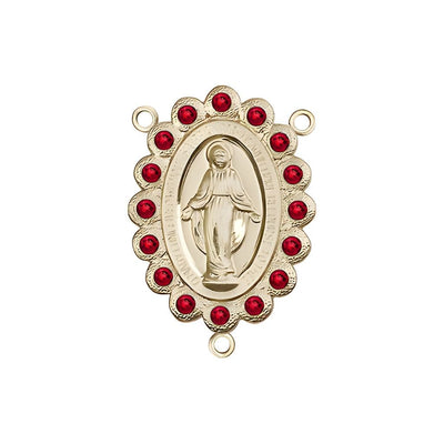 Gold-plated Miraculous Medal centerpiece with a birthstone faceted Austrian crystals, measures 7/8" tall x 1/2" wide, ruby birthstone for July, Bliss Manufacturing
