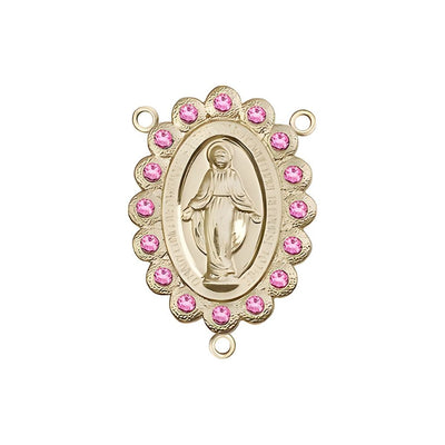 14kt Gold-filled Miraculous Medal centerpiece with a birthstone faceted Austrian crystals, measures 7/8" tall x 1/2" wide, rose birthstone for October, Bliss Manufacturing
