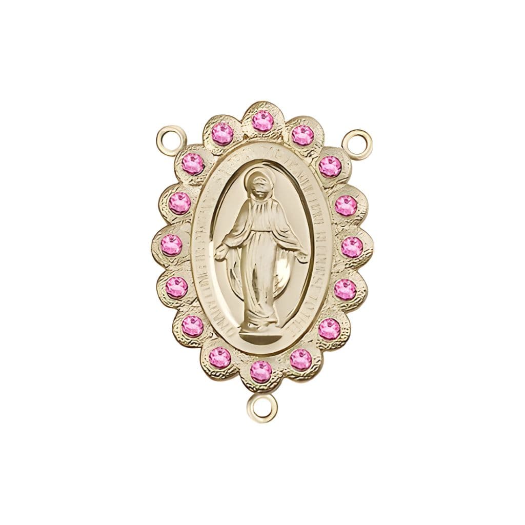14kt Gold Miraculous Medal centerpiece with a birthstone  faceted Austrian crystals, measures 7/8" tall x 1/2" wide, rose birthstone for October.