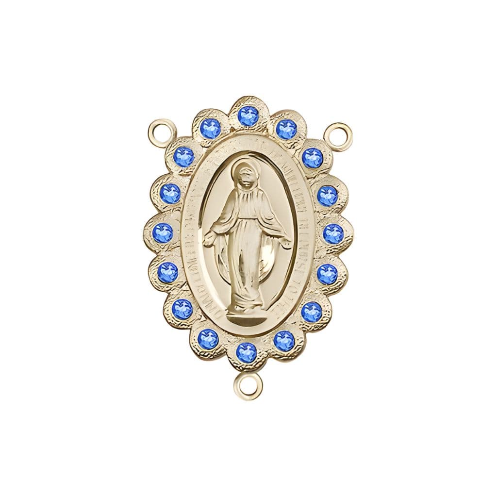 14kt Gold-filled Miraculous Medal centerpiece with a birthstone  faceted Austrian crystals, measures 7/8" tall x 1/2" wide, sapphire birthstone for September.