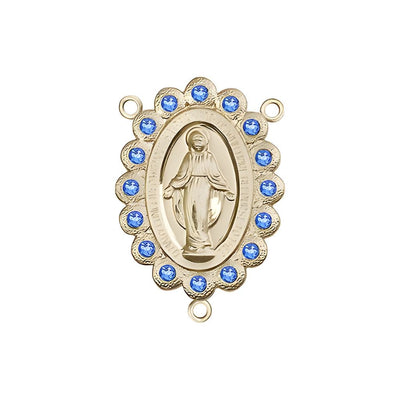 14kt Gold-filled Miraculous Medal centerpiece with a birthstone faceted Austrian crystals, measures 7/8" tall x 1/2" wide, sapphire birthstone for September, Bliss Manufacturing