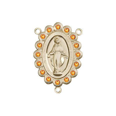 Gold-plated Miraculous Medal centerpiece with a birthstone faceted Austrian crystals, measures 7/8" tall x 1/2" wide, topaz birthstone for November, Bliss Manufacturing