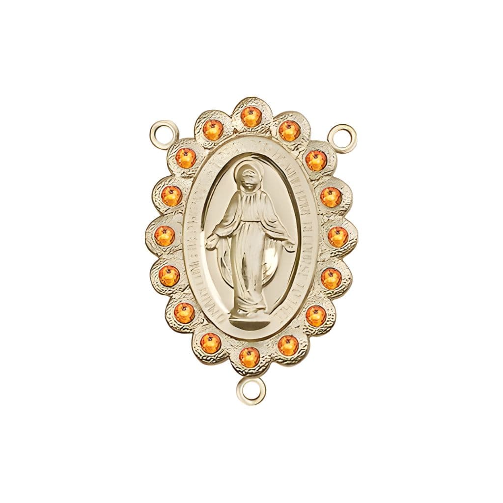 14kt Gold-filled Miraculous Medal centerpiece with a birthstone  faceted Austrian crystals, measures 7/8" tall x 1/2" wide, topaz birthstone for November.