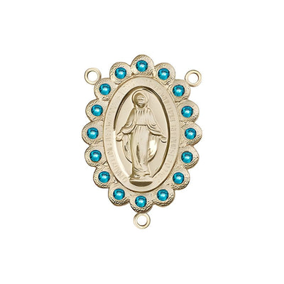 14kt Gold-filled Miraculous Medal centerpiece with a birthstone faceted Austrian crystals, measures 7/8" tall x 1/2" wide, zircon birthstone for December, Bliss Manufacturing