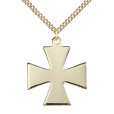 Surfer Cross 14kt Gold Medal Necklace with 14kt Gold Heavy Curb Chain, Measures 1 1/8-inch tall by 1-inch wide, Bliss Manufacturing