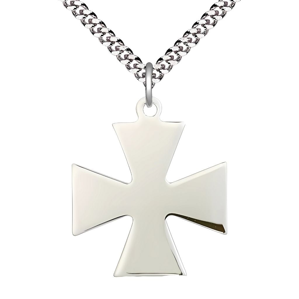 Surfer Cross Sterling Silver Medal Necklace with Rhodium-plated Heavy Curb Chain, Measures 1 1/8-inch tall by 1-inch wide
