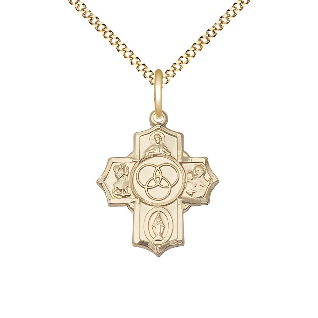 Bliss New Family 5-Way Cross 14kt Gold-filled Medal with Gold-plated Chain, Measures 7/8-inch tall by 3/4-inch wide, features Scapular St Christopher, Miraculous, St Joseph and New Family in the center.