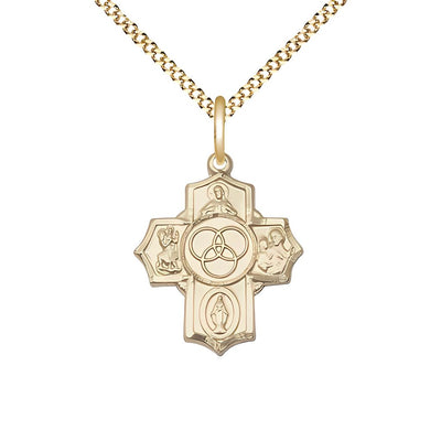 New Family 5-Way Cross 14kt Gold-filled Medal with Gold-plated Chain, Measures 7/8-inch tall by 3/4-inch wide, features Scapular St Christopher, Miraculous, St Joseph and New, Bliss Manufacturing