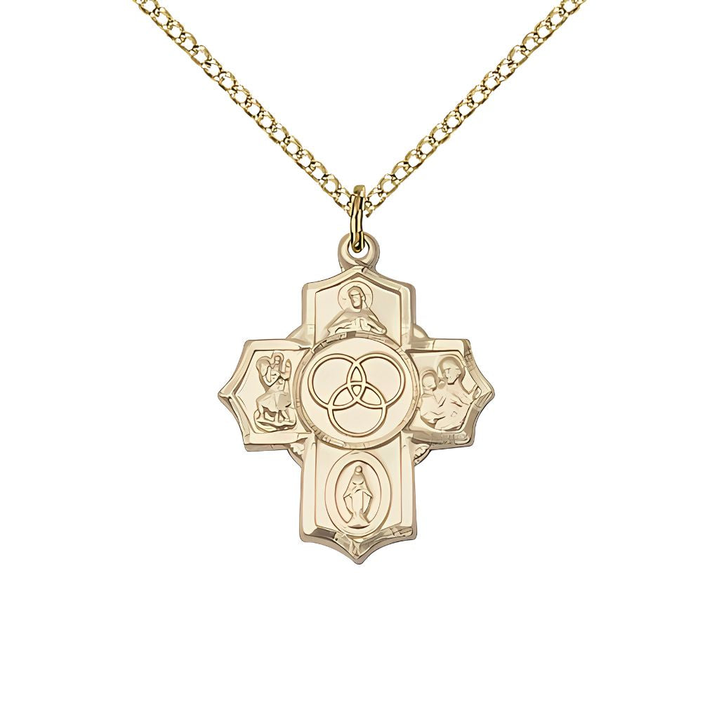 Bliss New Family 5-Way Cross 14kt Gold-filled Medal with Gold-filled Chain, Measures 7/8-inch tall by 3/4-inch wide, features Scapular St Christopher, Miraculous, St Joseph and New Family in the center.