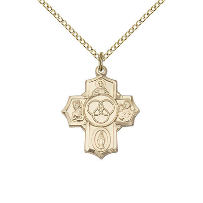 New Family 5-Way Cross 14kt Gold-filled Medal with Gold-filled Chain, Measures 7/8-inch tall by 3/4-inch wide, features Scapular St Christopher, Miraculous, St Joseph and New, Bliss Manufacturing