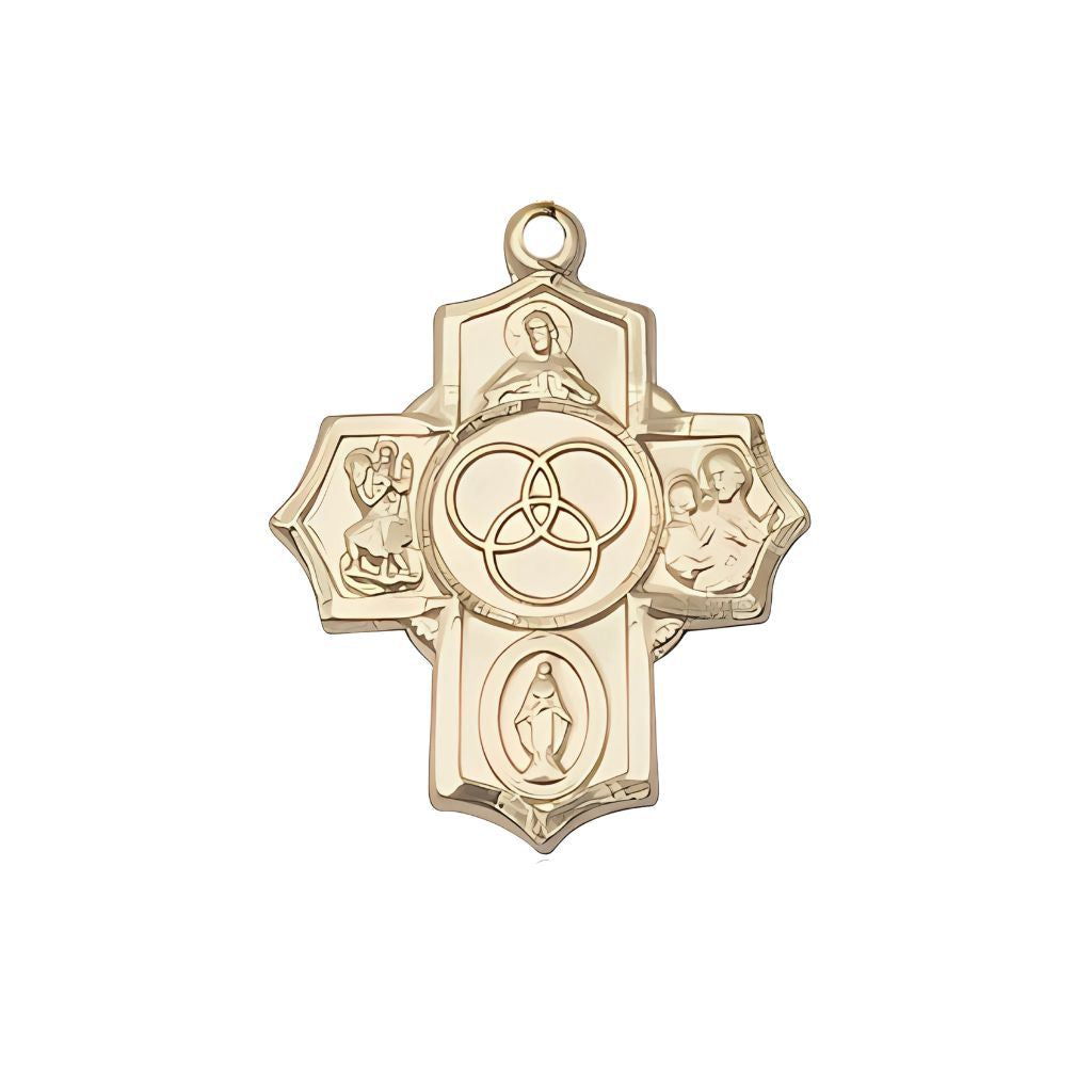 Bliss New Family 5-Way Cross 14kt Gold Medal, Measures 7/8-inch tall by 3/4-inch wide, features Scapular St Christopher, Miraculous, St Joseph and New Family in the center.
